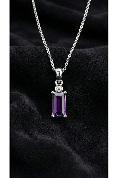 Roza Silver Ametist Taşlı Rodyum Tektaş Baget Gümüş Kolye