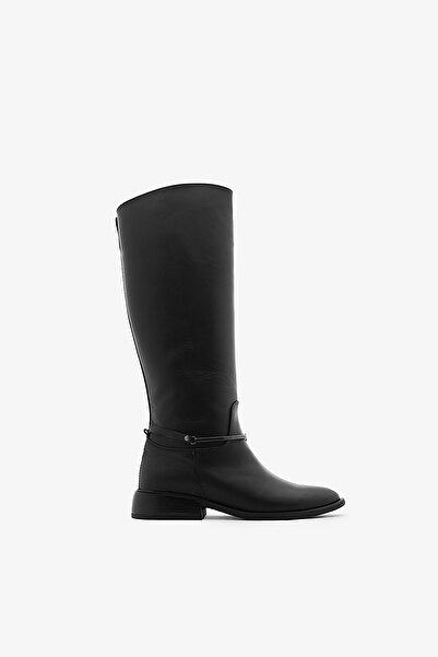 SAYL Cizme lungi pentru femei, fără fermoar, cu cataramă din piele naturală neagră