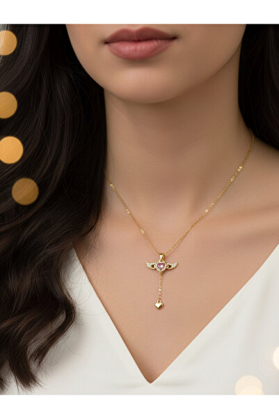 Silay الوردي مجنح القلب سلسلة الصلب قلادة