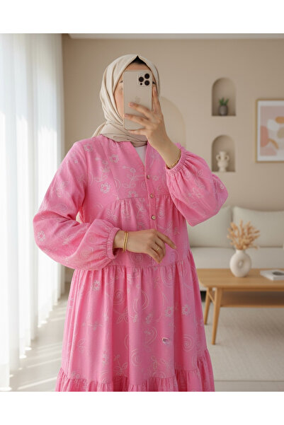 HİJABAYA Kolu Lastikli Yarım Düğmeli Jakar Baskılı Parçalı Elbise