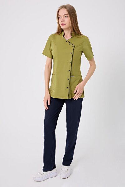 Onur Forma Kruvaze Lacivert Biyeli Lacivert Pantolonlu Kadın Takım - Yağ Yeşili