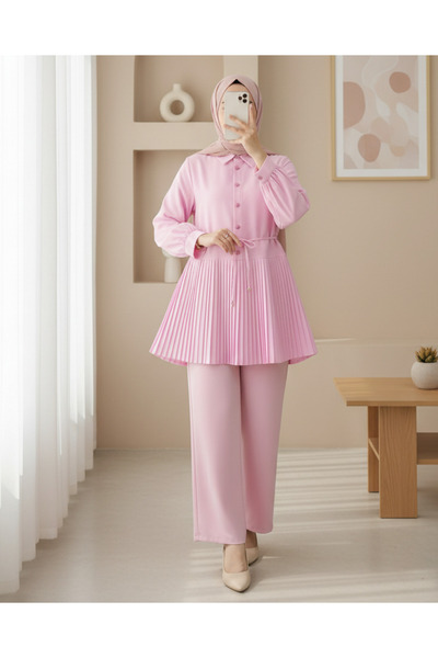 Modamorfo Half Buttoned Tie-Waist Pleated Shirt -Powder