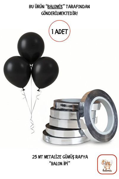 BALOMİS Metalize Gümüş Rafya Balon İpi 25 Metre