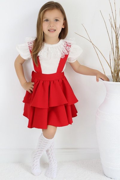 Parla Kids Girl's Helen Red Strap Lacing Gilet 29 October Dress Ecru Lace Short Sleeve Blouse Evening Dress Set