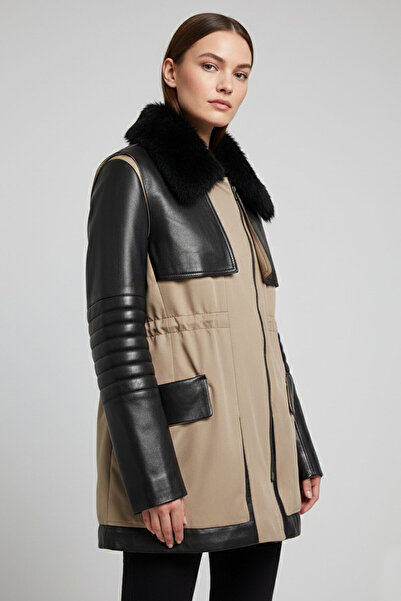 Deriderim Siyah Georgina Bej Kumaş Garni Fermuarlı Dolgulu Sıcak Tutan Kadın ...