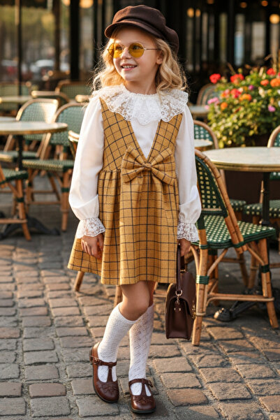 Parla Kids طقم بلوزة مفصلة من الدانتيل الإكرو للفتيات آنا الخردل مع فيونكة مربعة