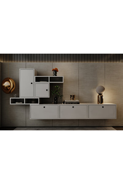 Nettrends Minimalist Tasarım Salon Konsolu ve Çok Bölmeli Duvar Raf Kombinasy...