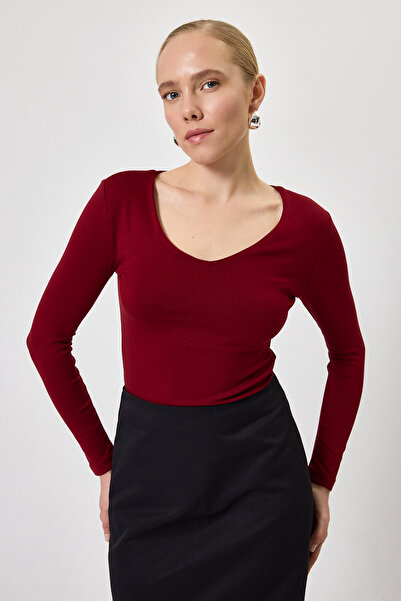 Rays Burgundy Corded Fabric V-Neck Long-Sleeved Women's Bodysuit 8266A