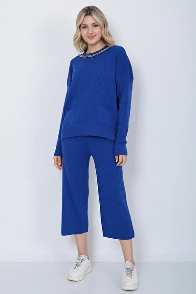 LUGMO طقم بنطلون سترة نسائي محبوك بسلسلة وجيوب مقاس كبير باللون الأزرق