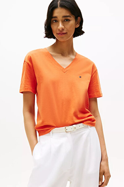 Tommy Hilfiger Kadın Slub Crop V-Neck Kısa Kollu T-Shirt - Turuncu