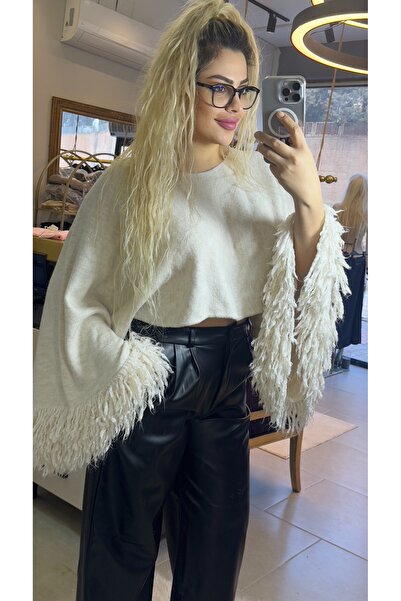 Maison MeDa Women's Beige Tassel Detailed Oversized Knitwear Sweater