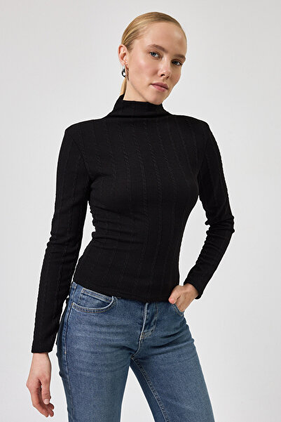 Rays Μαύρη δαντελωτή πλέξη Πλεκτή Γυναικεία Μπλούζα ψηλός λαιμός 2289