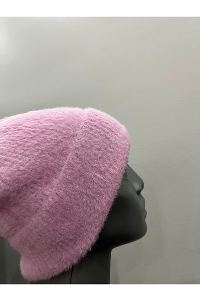 Butik Beretă roz pentru femei, din țesătură acrilică moale, cu franjuri și pene – Căciulă caldă de iarnă