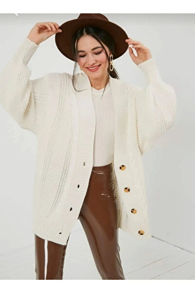 FY Giyim Cardigan tricotat cu nasturi, cu mâneci balon împletite, cu păr gros...