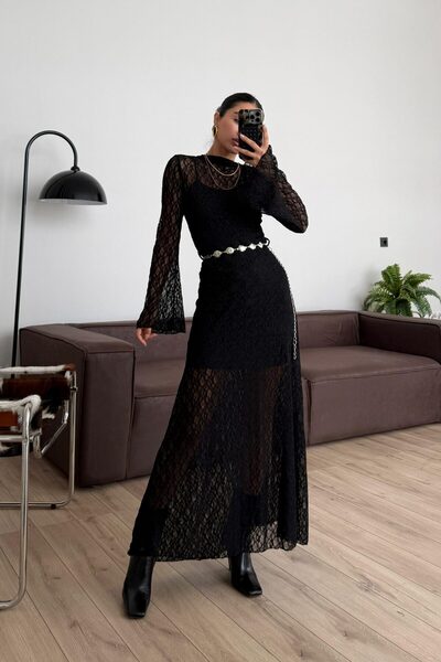 SHILSEE BEUTİQUE ROCHIE MAXI DINTA DE LACĂT DETALIATĂ CU CENTURĂ PENTRU FEMEI NEGRĂ