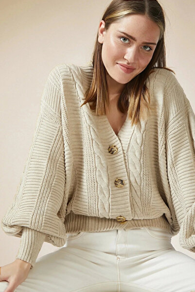 FY Giyim سترة نسائية محبوكة كاجوال بأكمام بالونية سميكة ومزودة بأزرار