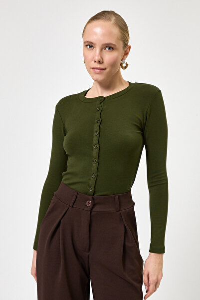 Rays Khaki Front Buttoned Crew Neck Long Sleeve Corded Fabric Women's Body 8270A