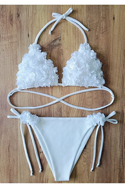 bright moon Kadın Çiçekli Bikini Takımı (DOLGUSUZ) Kırık Beyaz