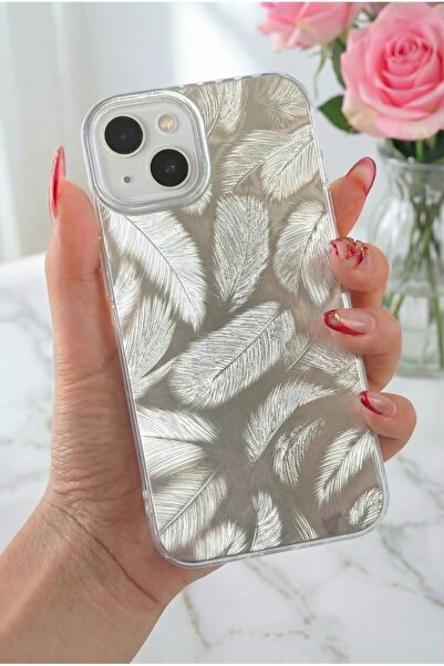 Fibaks İphone 13/14 Uyumlu Kılıf Parlak Hologram Yaprak Desenli Darbe Emici Kamera Korumalı Silikon Kapak