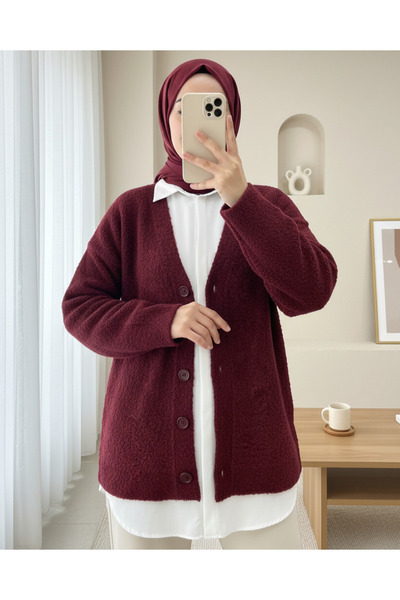 Modamorfo Buttoned Casual Knit Cardigan - Burgundy