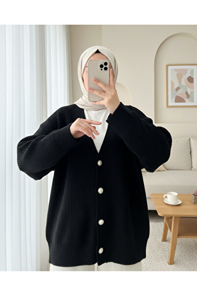 Modamorfo Gold Buttoned Casual Knit Cardigan - Black