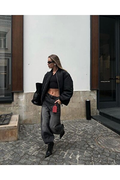 LudoWear Blugi negri pentru femei, cu cataramă, largi