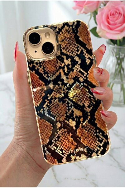 Fibaks iPhone 13/14/15 Kılıf Hologramlı Yılan Derisi Desenli Darbe Emici Kamera Korumalı Silikon