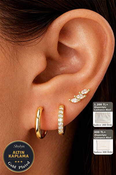 Genel Markalar 18K Altın Kaplama 925Gümüş İğneli Altın Kaplama Üçlü Küpe Seti