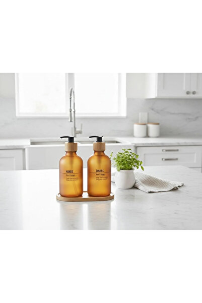 DEVADA HOME Amber Renk HANDS&DISHES Yazılı Bambu Altlıklı 2’li Sıvı Sabunluk
