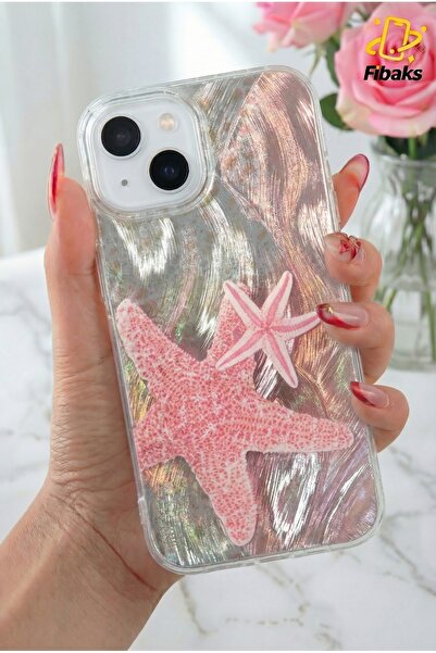 Fibaks iPhone 13/14/15 Kılıf Hologramlı Pembe Deniz Yıldızı Desenli Darbe Emici Kamera Korumalı Silikon