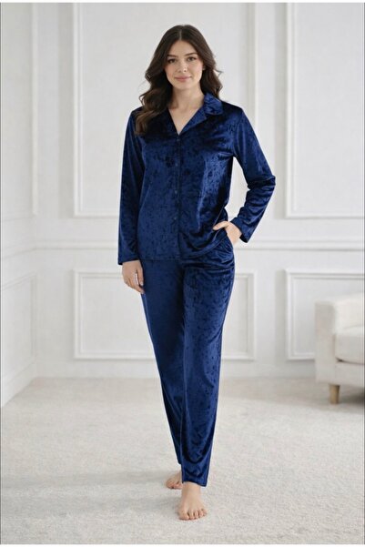Livan Kadın Janjan Kadife Pijama Takımı-Yumuşak-Düğmeli-Kışlık