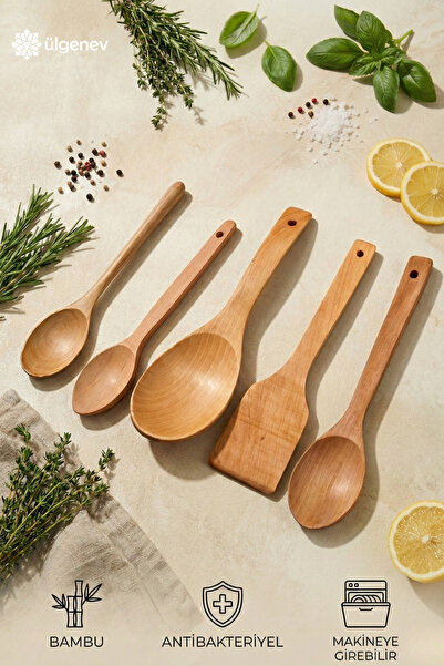 Ülgenev 5'li Bambu Tahta Kaşık Seti Pilav,Sos, Ölçü ve Mama Kaşığı, Spatula Ahşap Mutfak Seti, Çeyizlik