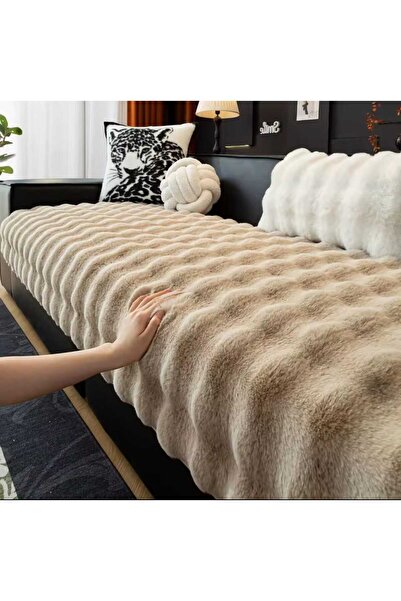 PEREN HOME Tavşan Tüyü Peluş Koltuk Örtüsü 80x190cm Kaymaz Oturma Yerini Kapatır Açık Bej