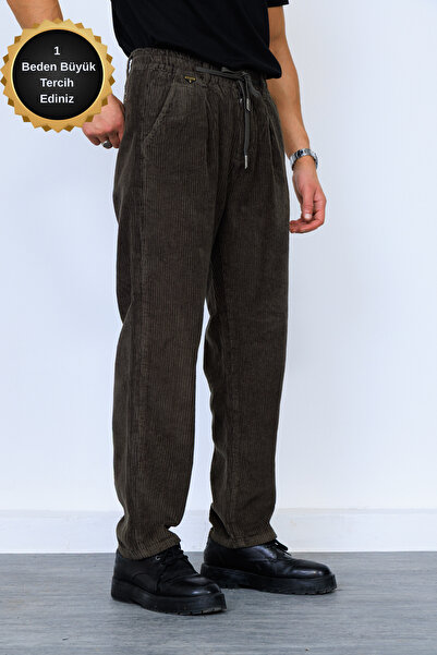 Megalomans Koyu Haki Beli Lastikli Kalın Fitilli Kadife Pantolon