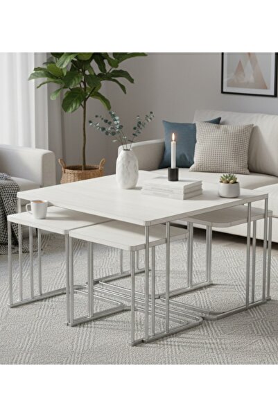 Nokta Sehpa Home 5li TEKERLEKLİ 4+1 YAVRULU ORTA SEHPA gümüş metal beyaz tabl...