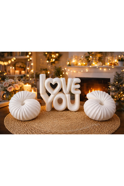 MERAM PRİNT Love You Dekoratif Yazı ve 2’li Mumluk Seti – Modern Şık Masa & R...