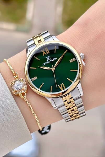 Daniel Klein Kadranı Yeşil Kordonu Gold Gümüş Renk 35 mm Kadın Kol Saati ve Hediye Bileklik