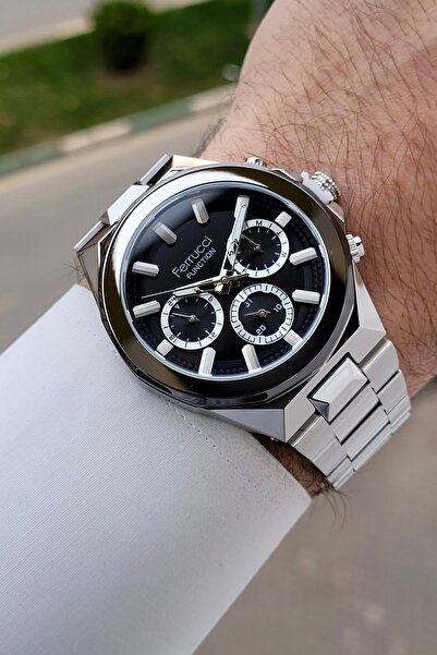 Ferrucci ساعة يد رجالية وظيفية مقاس 43 ملم مع قرص أسود وحزام رمادي اللون قابل...
