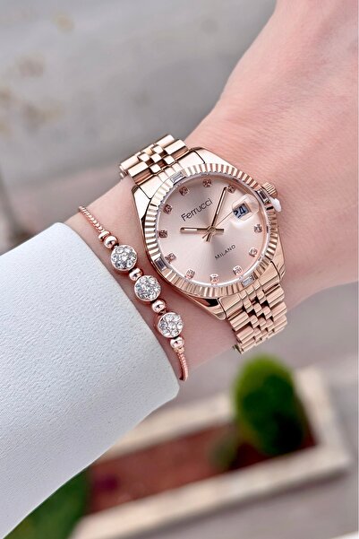 Ferrucci Rose Color Adjustable Cord 32 mm Women's Wristwatch and Gift Bracelet