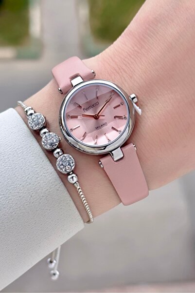 Ferrucci Case Silver Cord Powder Color 25 mm Women's Wristwatch and Gift Bracelet