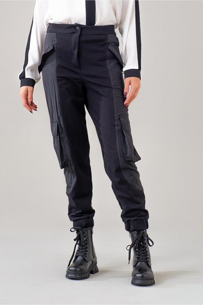 Bold & Young Women's Cargo Pocket Black Polyamide Blended Cotton Lycra Trousers with Elastic Waist and Elastic Legs