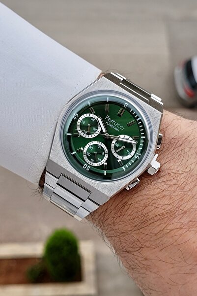 Ferrucci Kadranı Yeşil Kordonu Silver Renk 24 Ay Garantili 41 Mm Göstergeleri...