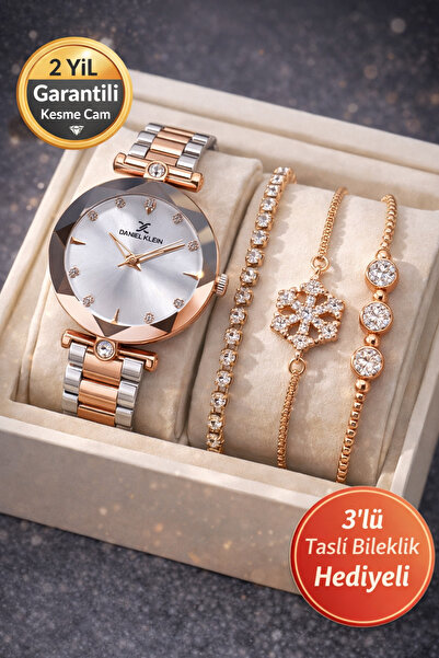 Daniel Klein Rose Gümüş Renk Kesme Cam Kadın Kol Saati - Bileklik Hediyeli
