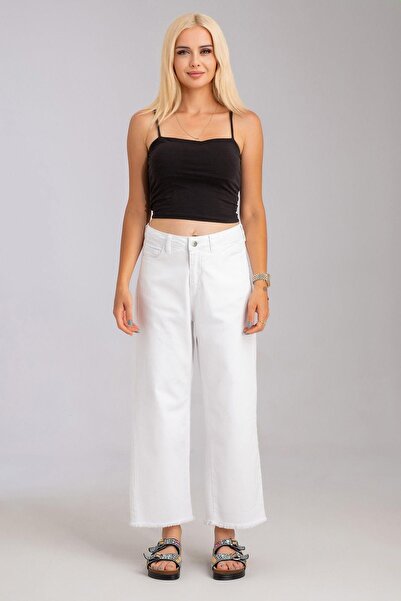 Bold & Young بنطلون نسائي واسع الساقين بخمسة جيوب وشراشيب قماش قابل للتمدد بنطلون قطني أبيض