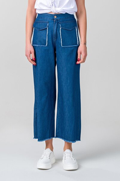 Bold & Young بنطلون جينز نسائي بخصر مطاطي وساق واسعة مع جيوب مغطاة وخياطة متقنة، لون أزرق داكن