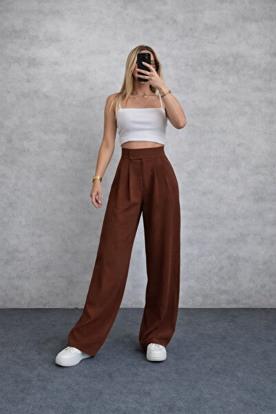 M&N Kadın Full Esnek Rahat Kumaş Cırt Kapama Palazzo Pantolon - Kahve