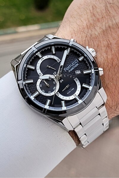 Ferrucci ساعة يد رجالية وظيفية مقاس 43 ملم مع قرص أسود وحزام رمادي اللون قابل...