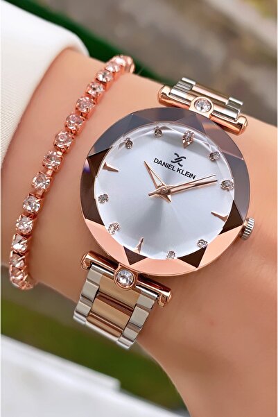 Daniel Klein Rose Silver Color - Cut Glass - Women's Wristwatch - Bracelet Set - with Gift