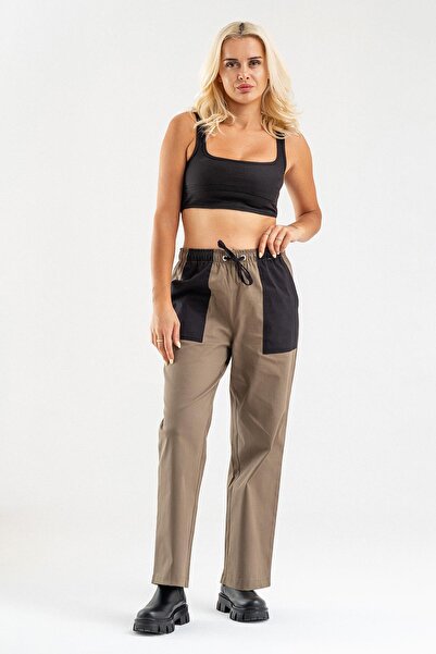 Bold & Young بنطال نسائي من القطن قماش قابل للتمدد بخصر مطاطي ورباط ورباط وأربعة جيوب كاكي