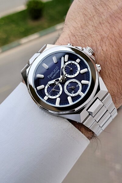 Ferrucci ساعة يد رجالية ذات وظيفة 43 ملم مع قرص أزرق داكن وحزام رمادي اللون ق...